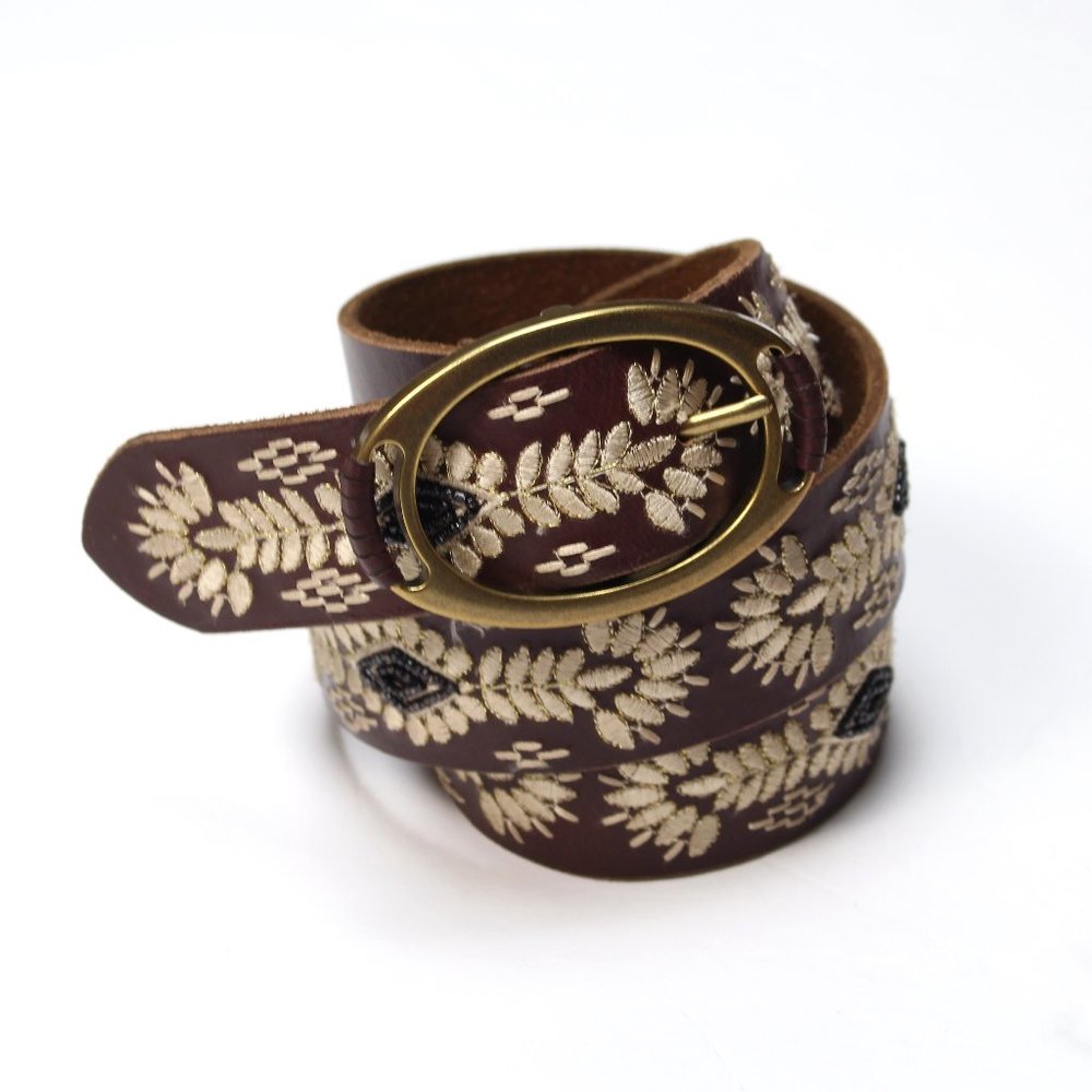 Lucky Brand Leather Belt Brown Cream Embroidery Black Beads Brushed Gold Buckle